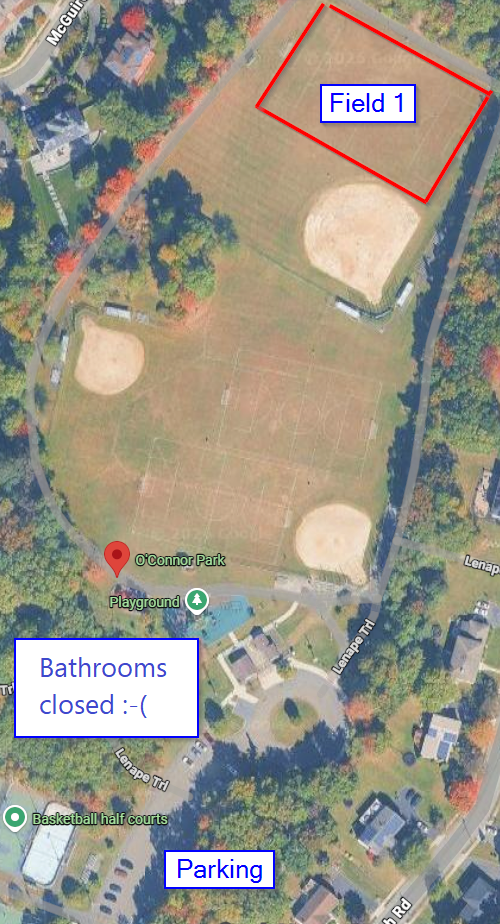 O'Connor Park overhead view showing Field 1, parking, and playground