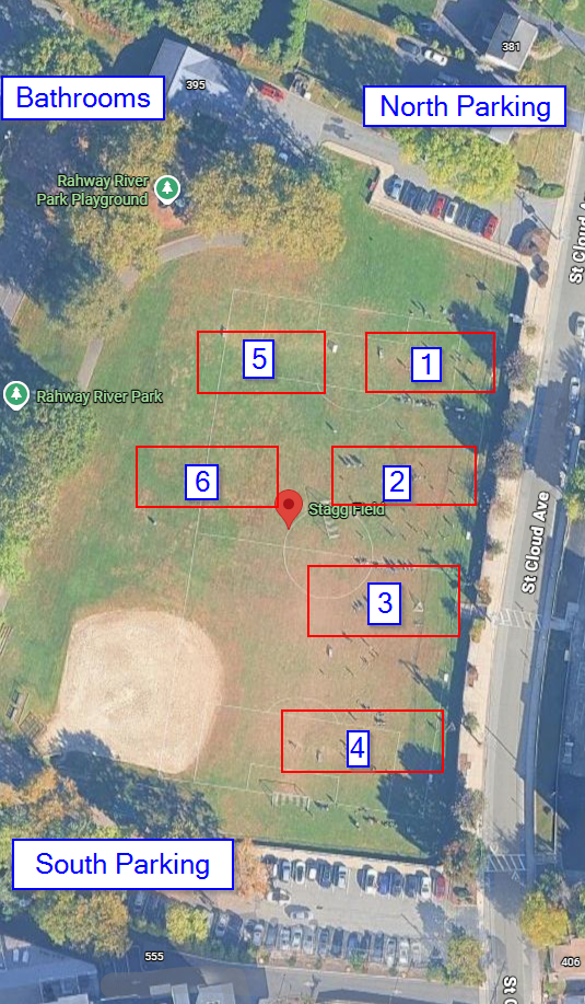 Stagg Field overhead view showing fields #1-6, parking areas, and bathrooms