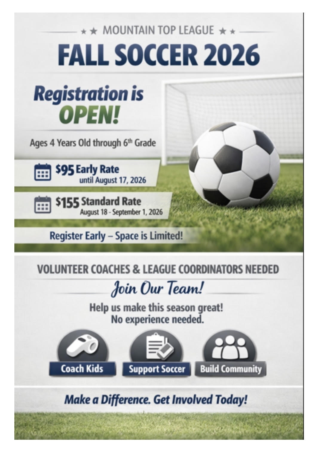 Mountain Top League Fall Soccer 2026 — registration is open! Ages 4 years old through 6th grade. $95 early rate until August 17, 2026; $155 standard rate August 18 to September 1, 2026. Register early — space is limited. Volunteer coaches and league coordinators needed: no experience required.